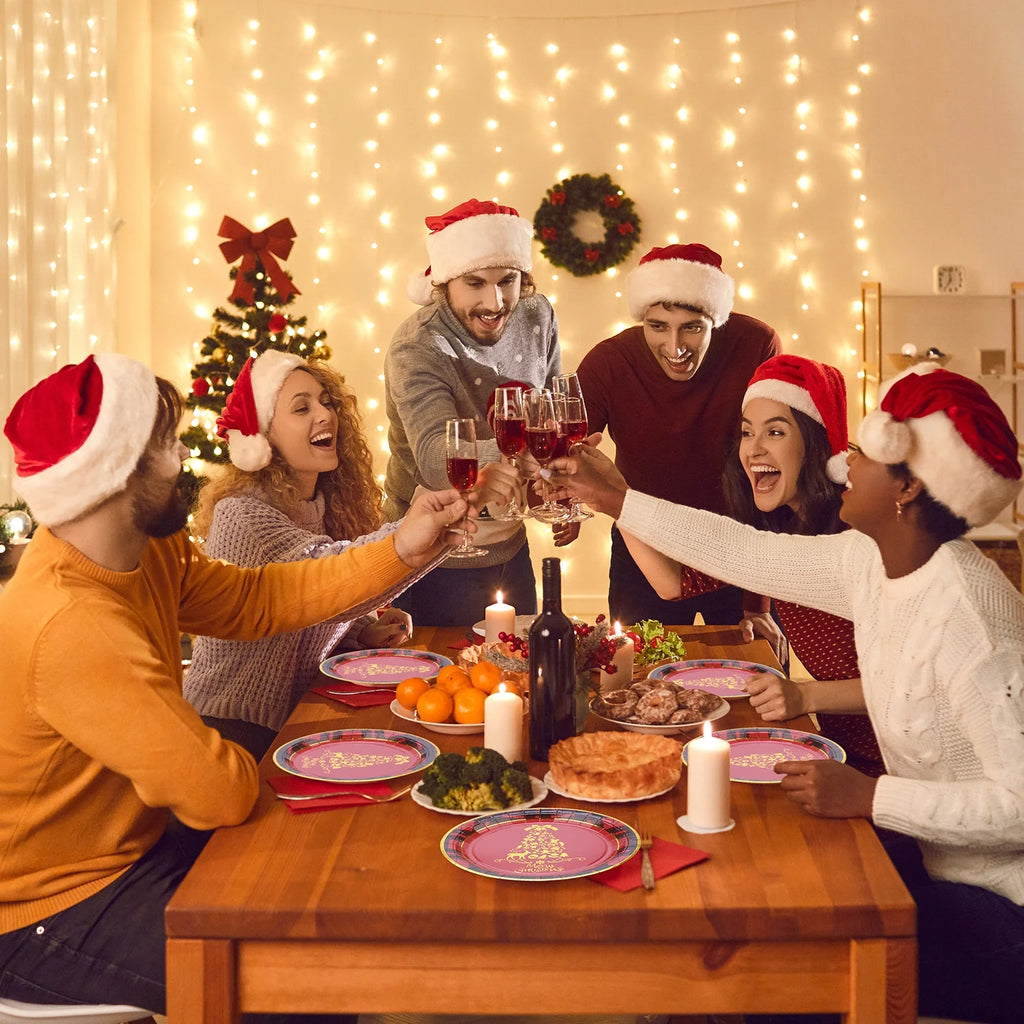 Christmas Paper Plates Christmas Party Supplies Disposable Paper Plates and Napkins Set for 16 Guests 9" Dinner Plates and 7" Dessert Plates for Christmas Party Red and Glod Plates for New Year
