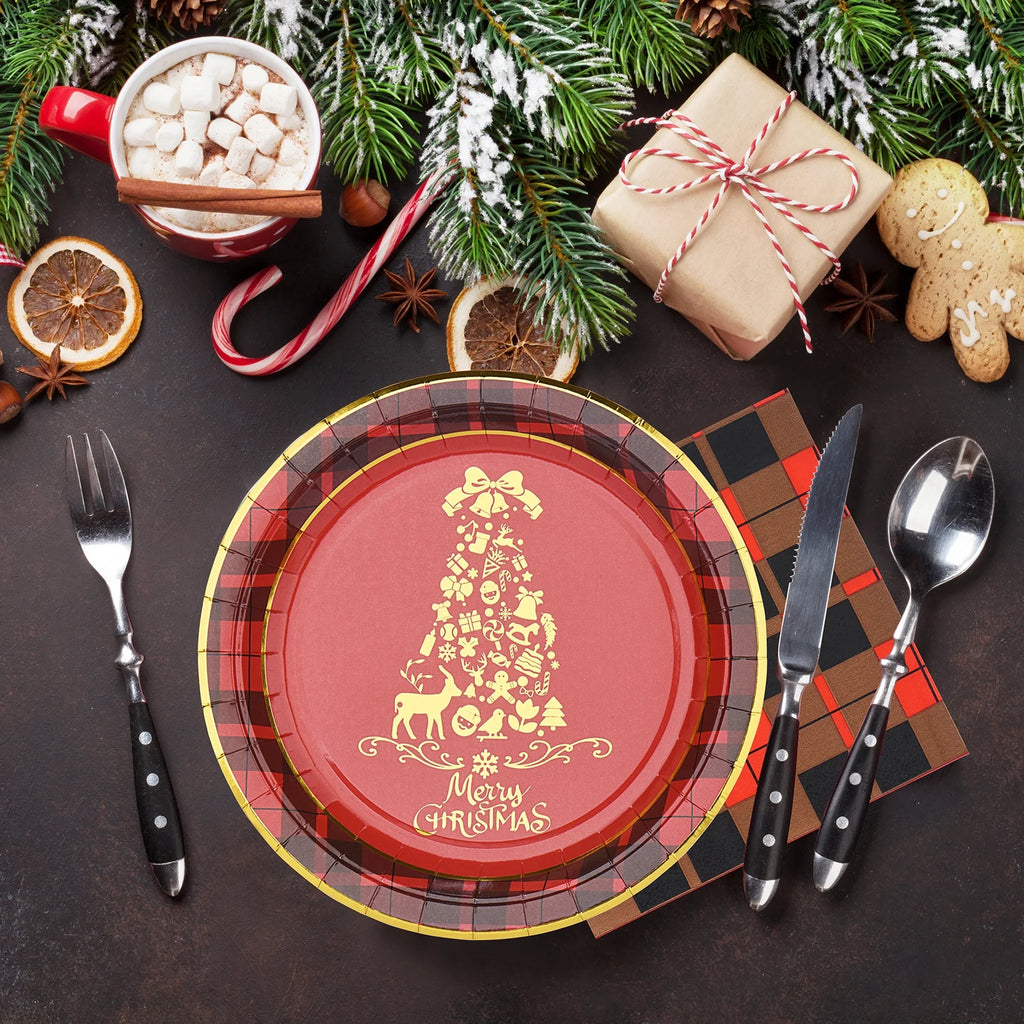 Christmas Paper Plates Christmas Party Supplies Disposable Paper Plates and Napkins Set for 16 Guests 9" Dinner Plates and 7" Dessert Plates for Christmas Party Red and Glod Plates for New Year
