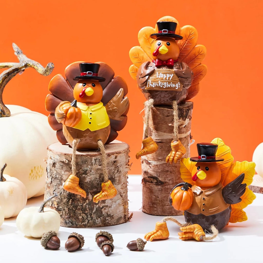 3 PCS Thanksgiving Turkey Tabletop Centerpiece Decor, Resin Turkey Figurines,Thanksgiving Decoration, Autumn Decor,Thanksgiving Fall Harvest Home Decorations,Indoor Kitchen Décor