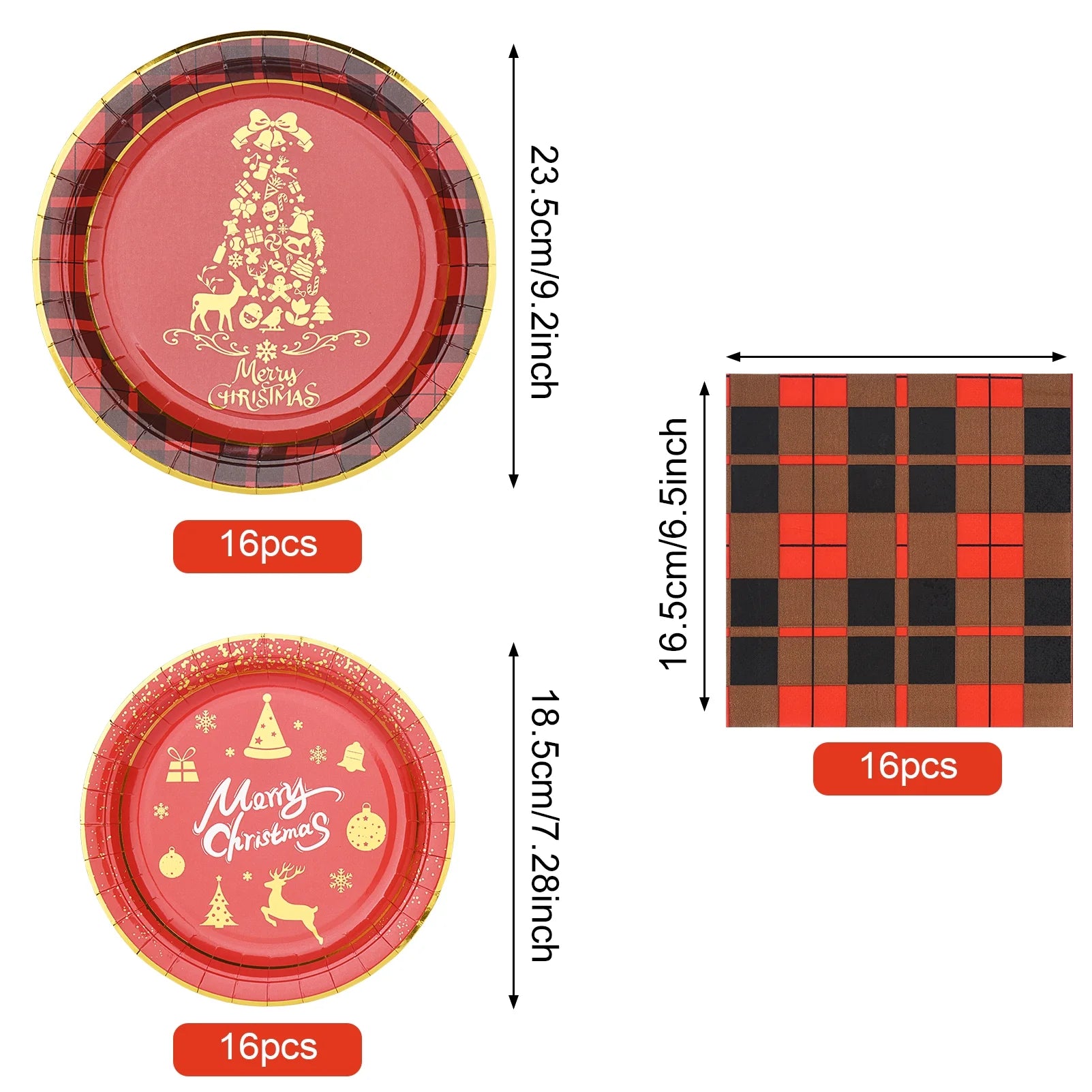 Christmas Paper Plates Christmas Party Supplies Disposable Paper Plates and Napkins Set for 16 Guests 9" Dinner Plates and 7" Dessert Plates for Christmas Party Red and Glod Plates for New Year