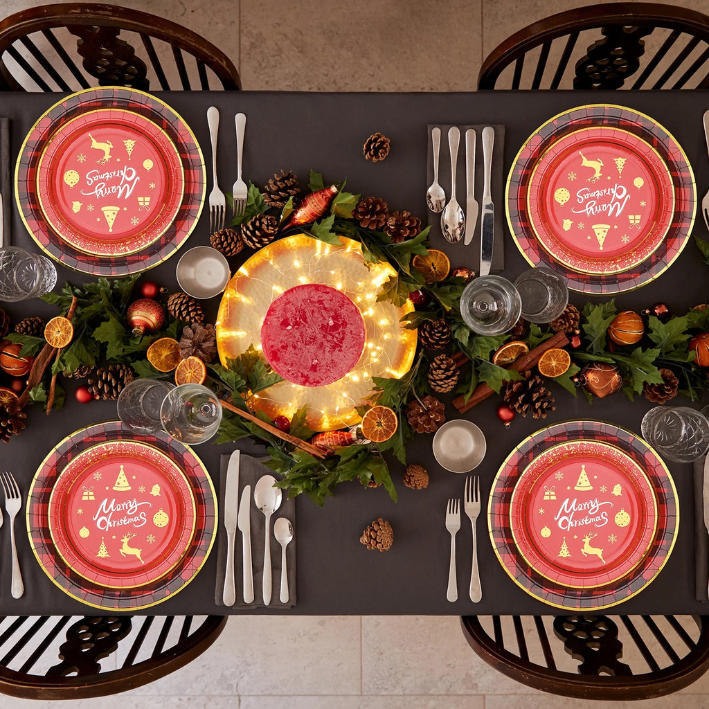 Christmas Paper Plates Christmas Party Supplies Disposable Paper Plates and Napkins Set for 16 Guests 9" Dinner Plates and 7" Dessert Plates for Christmas Party Red and Glod Plates for New Year