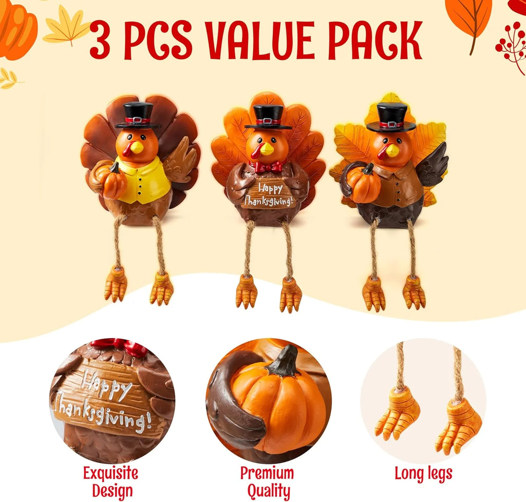 3 PCS Thanksgiving Turkey Tabletop Centerpiece Decor, Resin Turkey Figurines,Thanksgiving Decoration, Autumn Decor,Thanksgiving Fall Harvest Home Decorations,Indoor Kitchen Décor