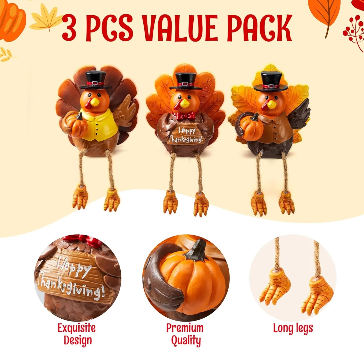 3 PCS Thanksgiving Turkey Tabletop Centerpiece Decor, Resin Turkey Figurines,Thanksgiving Decoration, Autumn Decor,Thanksgiving Fall Harvest Home Decorations,Indoor Kitchen Décor