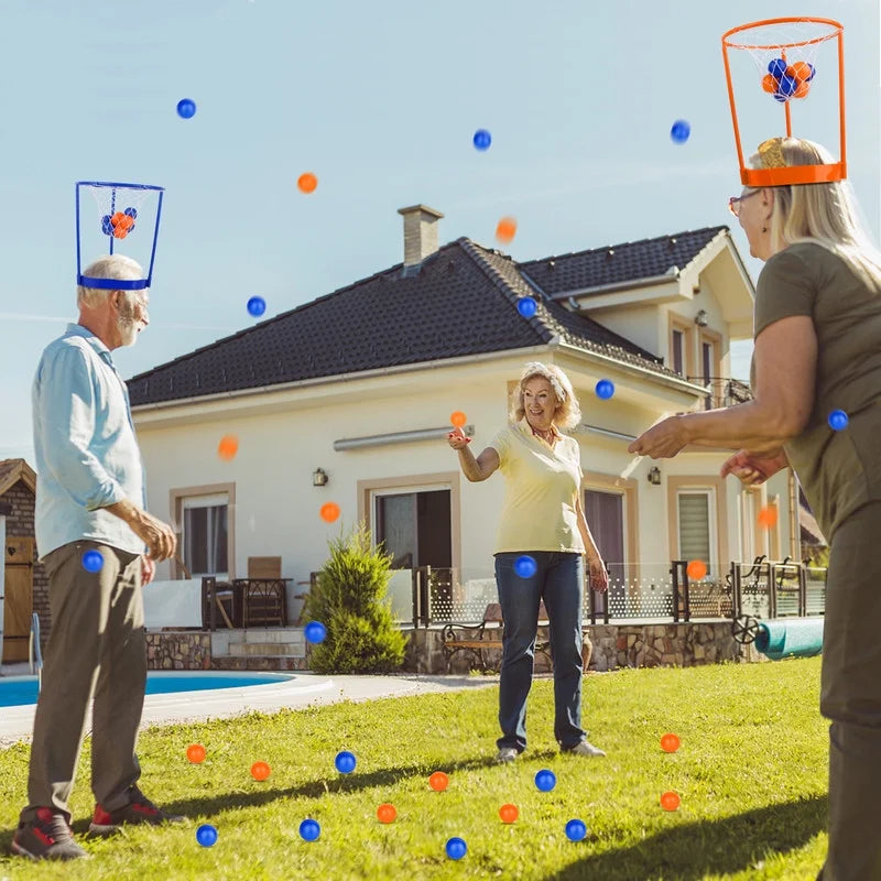 2 Pack Head Hoop Basketball Party Game for Kids and Adults Carnival Game Adjustable Basket Net Headband with 20 Balls for Carnival Party Birthday Party Family Indoor Outdoor Game (Orange + Blue)