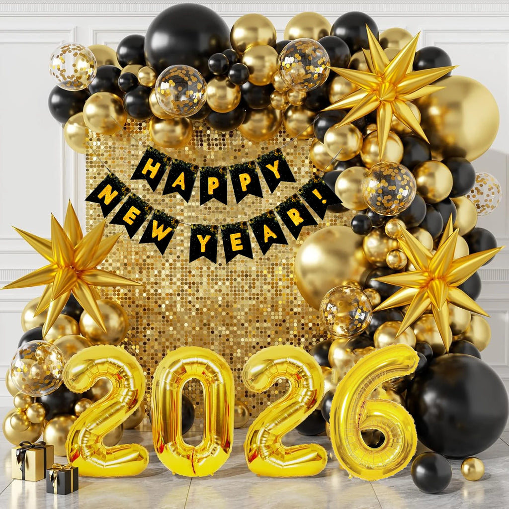 Create a Stunning New Year Celebration with Our 121Pcs Black Gold Balloon Arch Kit - Perfect for NYE Parties!