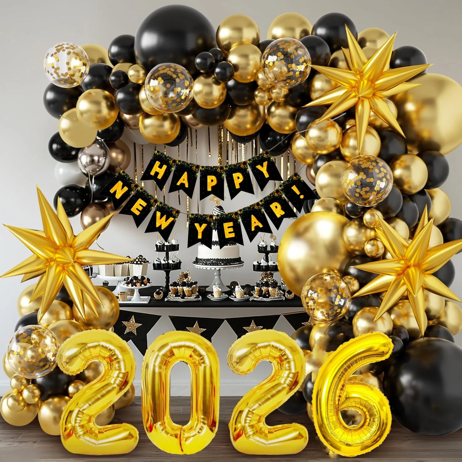 Create a Stunning New Year Celebration with Our 121Pcs Black Gold Balloon Arch Kit - Perfect for NYE Parties!