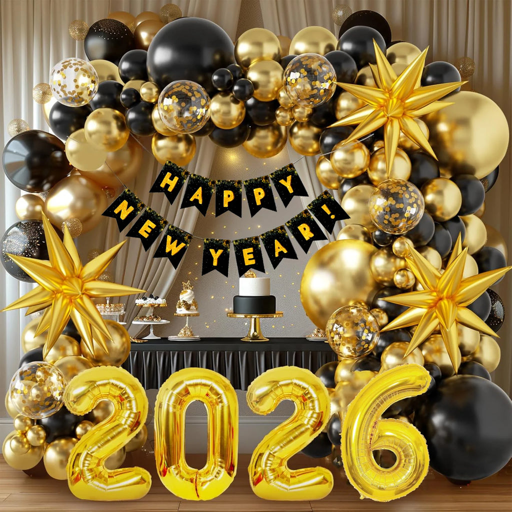 Create a Stunning New Year Celebration with Our 121Pcs Black Gold Balloon Arch Kit - Perfect for NYE Parties!