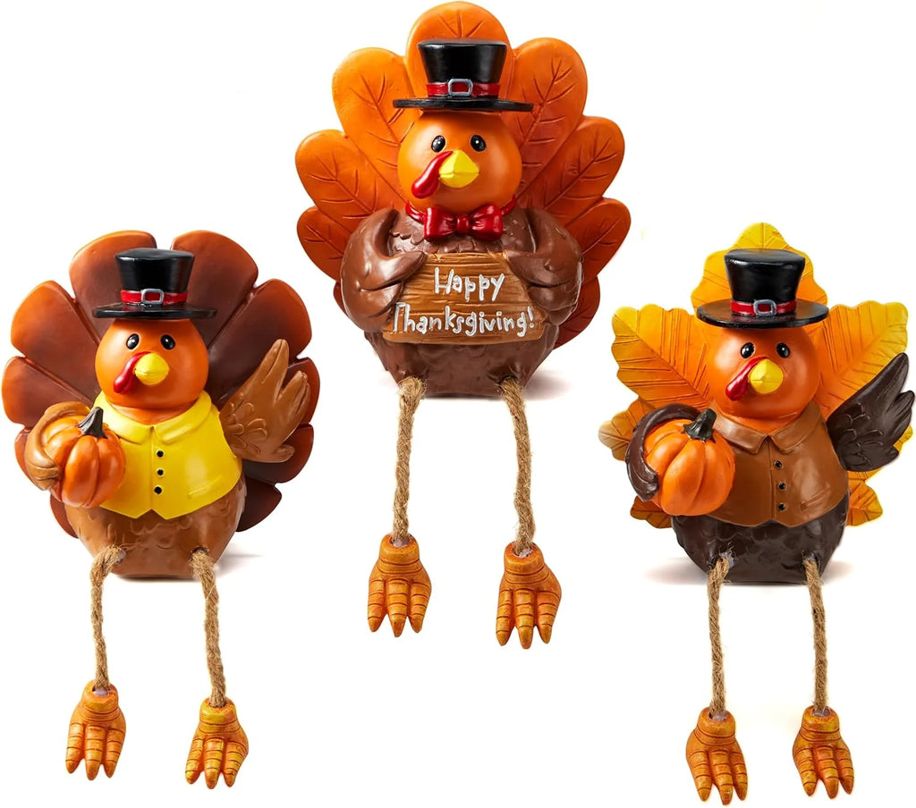 3 PCS Thanksgiving Turkey Tabletop Centerpiece Decor, Resin Turkey Figurines,Thanksgiving Decoration, Autumn Decor,Thanksgiving Fall Harvest Home Decorations,Indoor Kitchen Décor