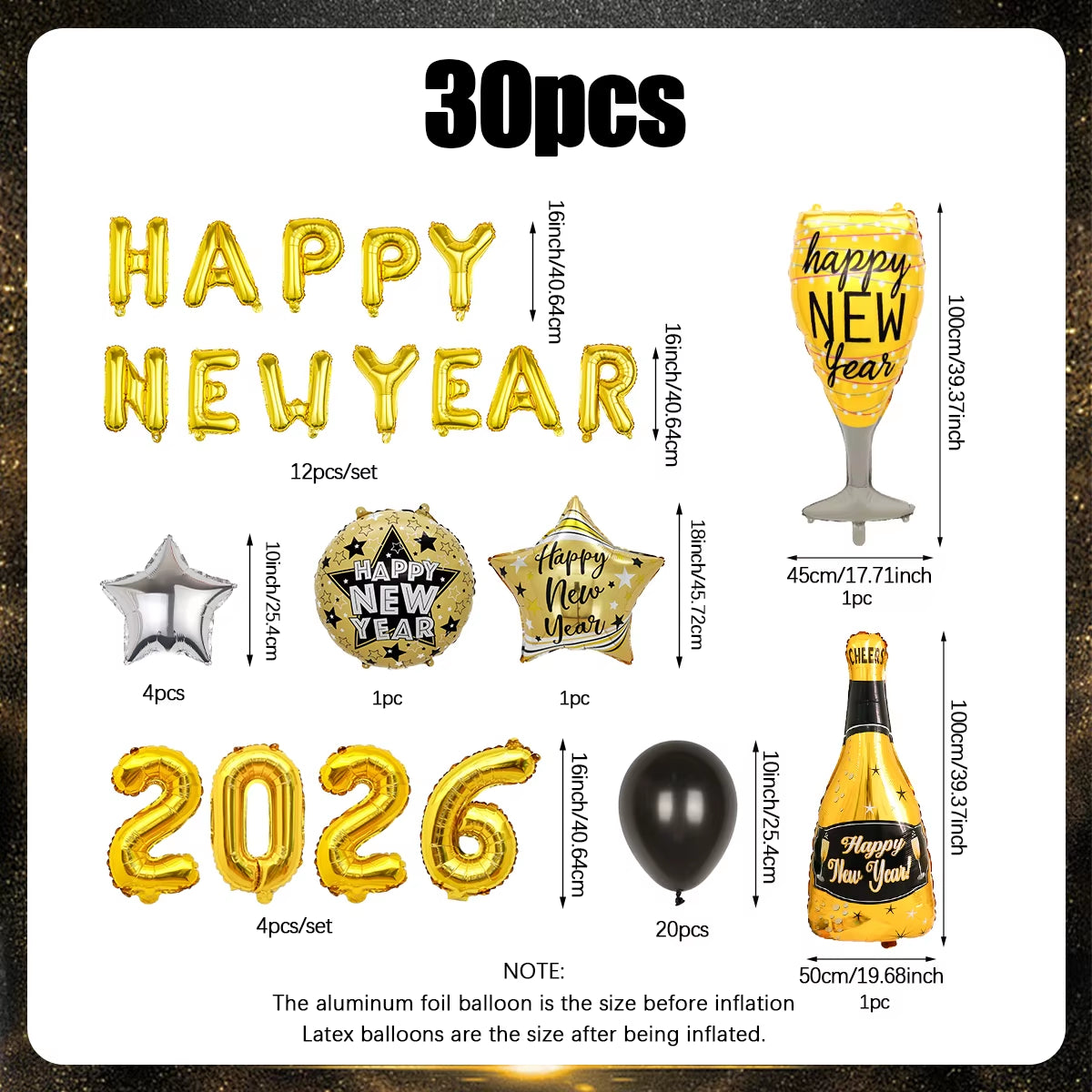 30Pcs 2026 New Year Balloon Set, New Year Party Decorations