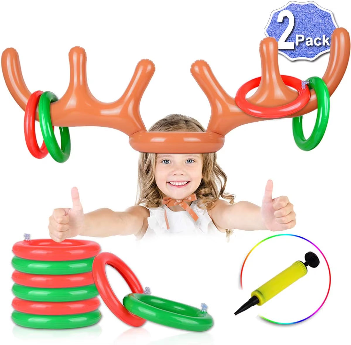 2 Pack Inflatable Reindeer Ring Toss Game with Antlers and 8 Rings, Family Christmas Party Games Classroom Indoor Outdoor Fun
